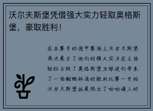 沃尔夫斯堡凭借强大实力轻取奥格斯堡，豪取胜利！